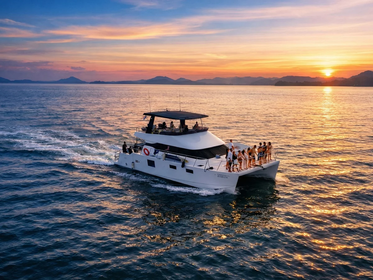 ภาพมุมสูงเรือยอร์ช Bon Bon สำหรับเช่าที่ภูเก็ต ลอยลำกลางทะเล พร้อมแพดเดิลบอร์ดและสไลเดอร์